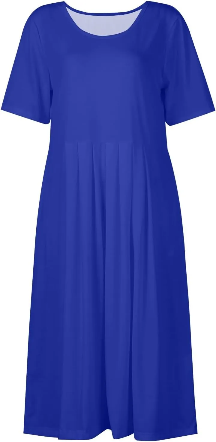 Women 2025 Summer Short Sleeve Midi Dress with Pockets Casual Aline Flowy Tshirt Dress Floral Vocation Beach Sundress