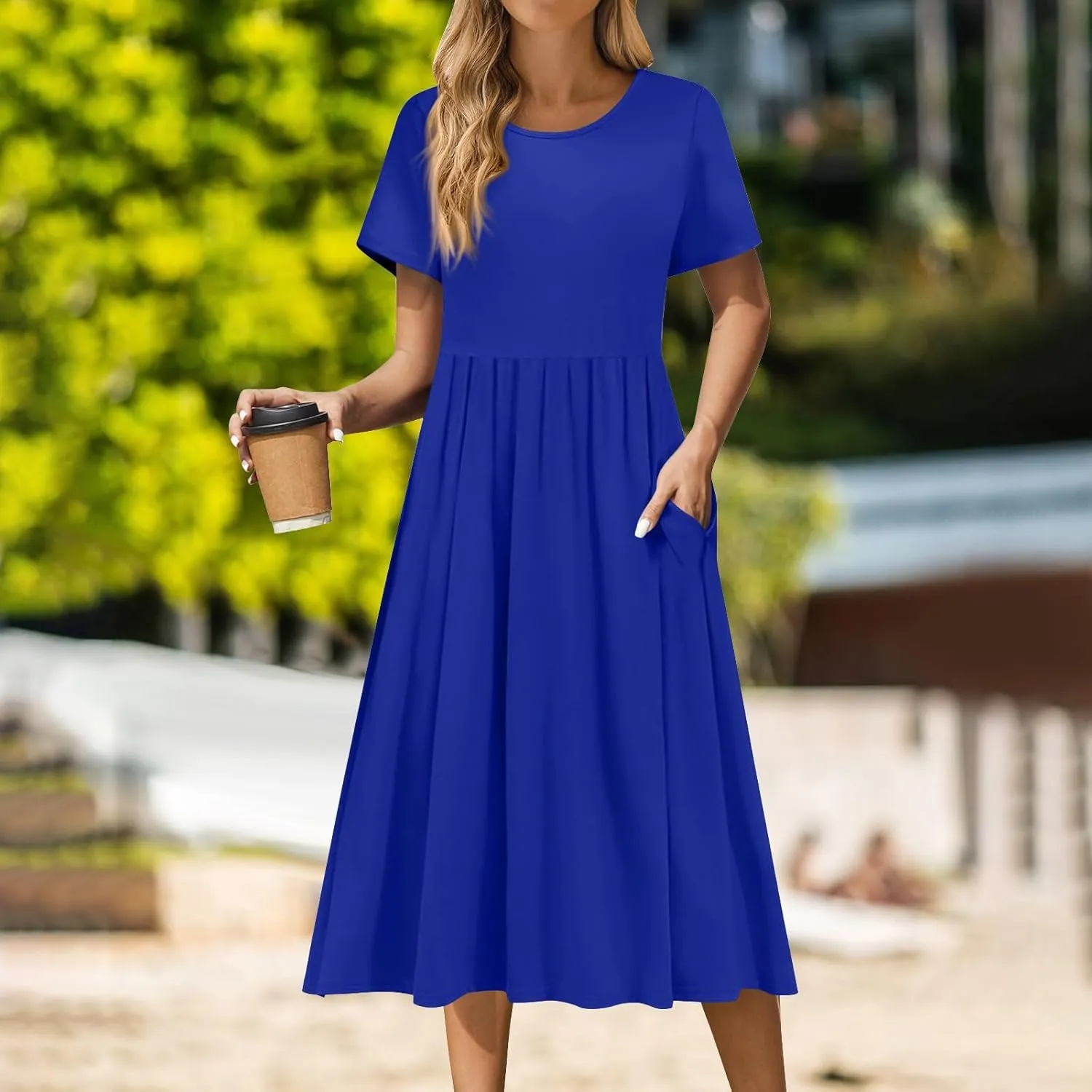 Women 2025 Summer Short Sleeve Midi Dress with Pockets Casual Aline Flowy Tshirt Dress Floral Vocation Beach Sundress