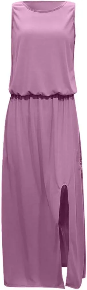 Women Casual Sleeveless Summer Dress 2025 Spring Sexy Sleeveless Crewneck Boho Sundress Fork Opening Beach Maxi Dress