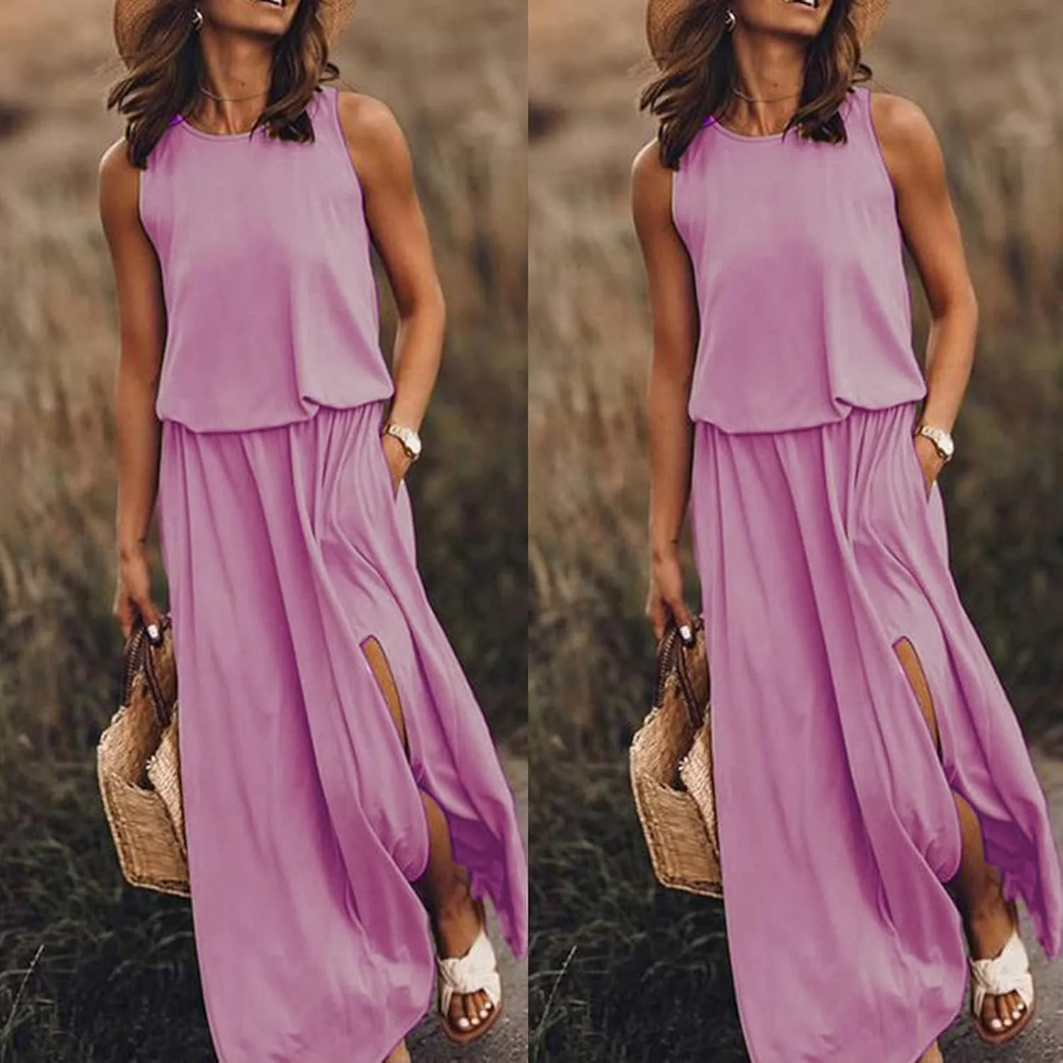 Women Casual Sleeveless Summer Dress 2025 Spring Sexy Sleeveless Crewneck Boho Sundress Fork Opening Beach Maxi Dress