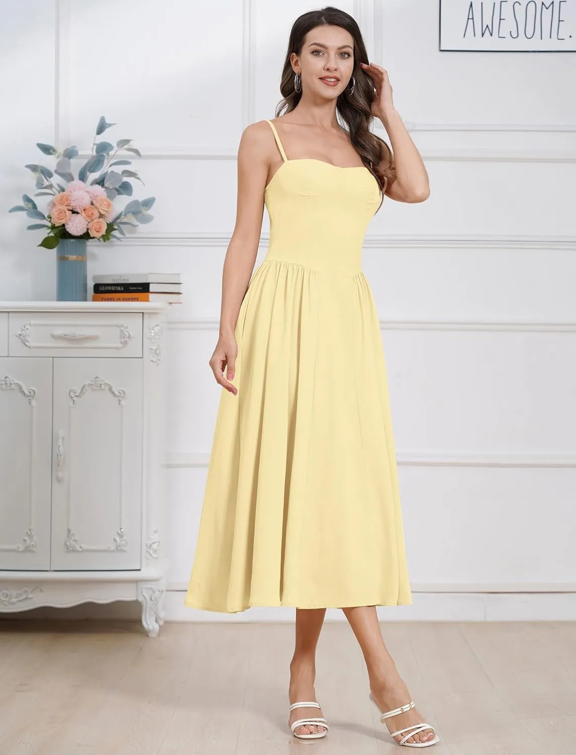 Women Floral Corset Dress Boho Spaghetti Strap Lace Up Casual Midi Dresses with Pockets Low Cut Flowy Bustier Sundress
