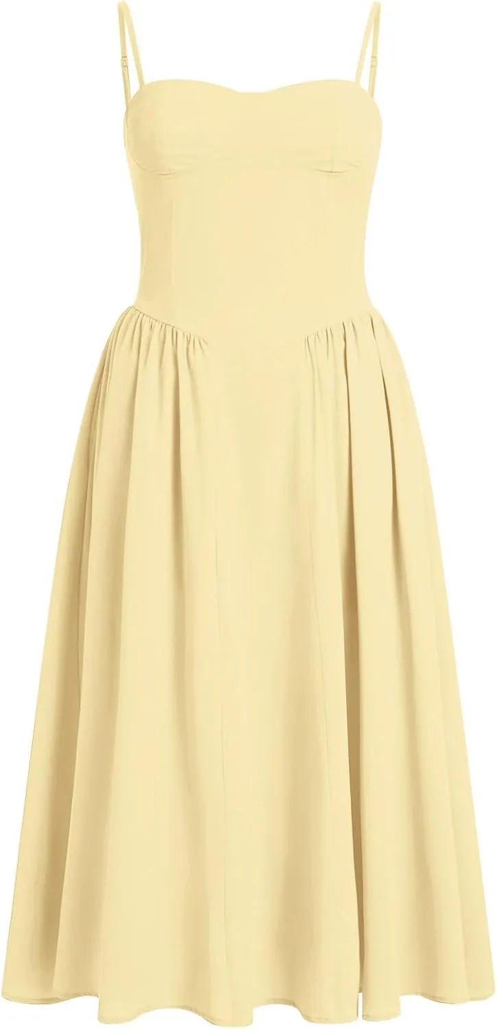 Women Floral Corset Dress Boho Spaghetti Strap Lace Up Casual Midi Dresses with Pockets Low Cut Flowy Bustier Sundress