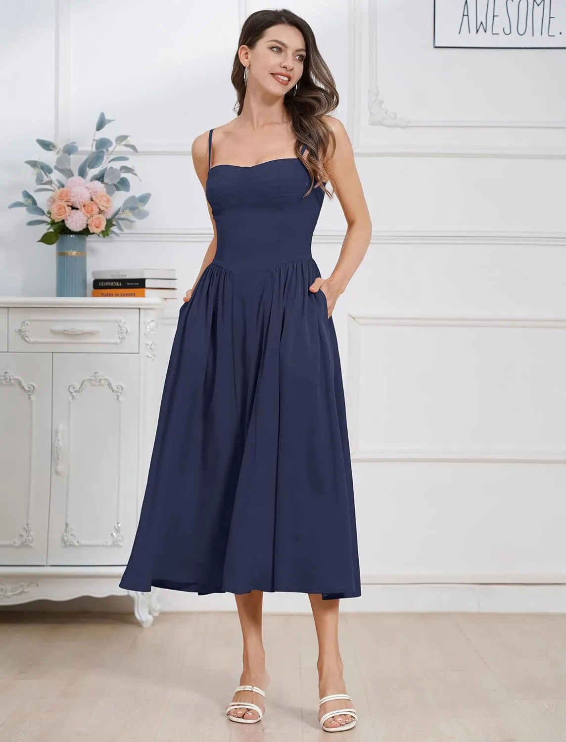 Women Floral Corset Dress Boho Spaghetti Strap Lace Up Casual Midi Dresses with Pockets Low Cut Flowy Bustier Sundress