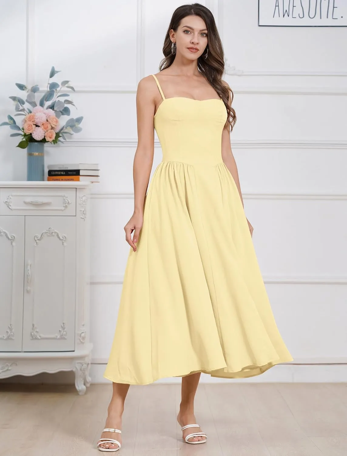 Women Floral Corset Dress Boho Spaghetti Strap Lace Up Casual Midi Dresses with Pockets Low Cut Flowy Bustier Sundress