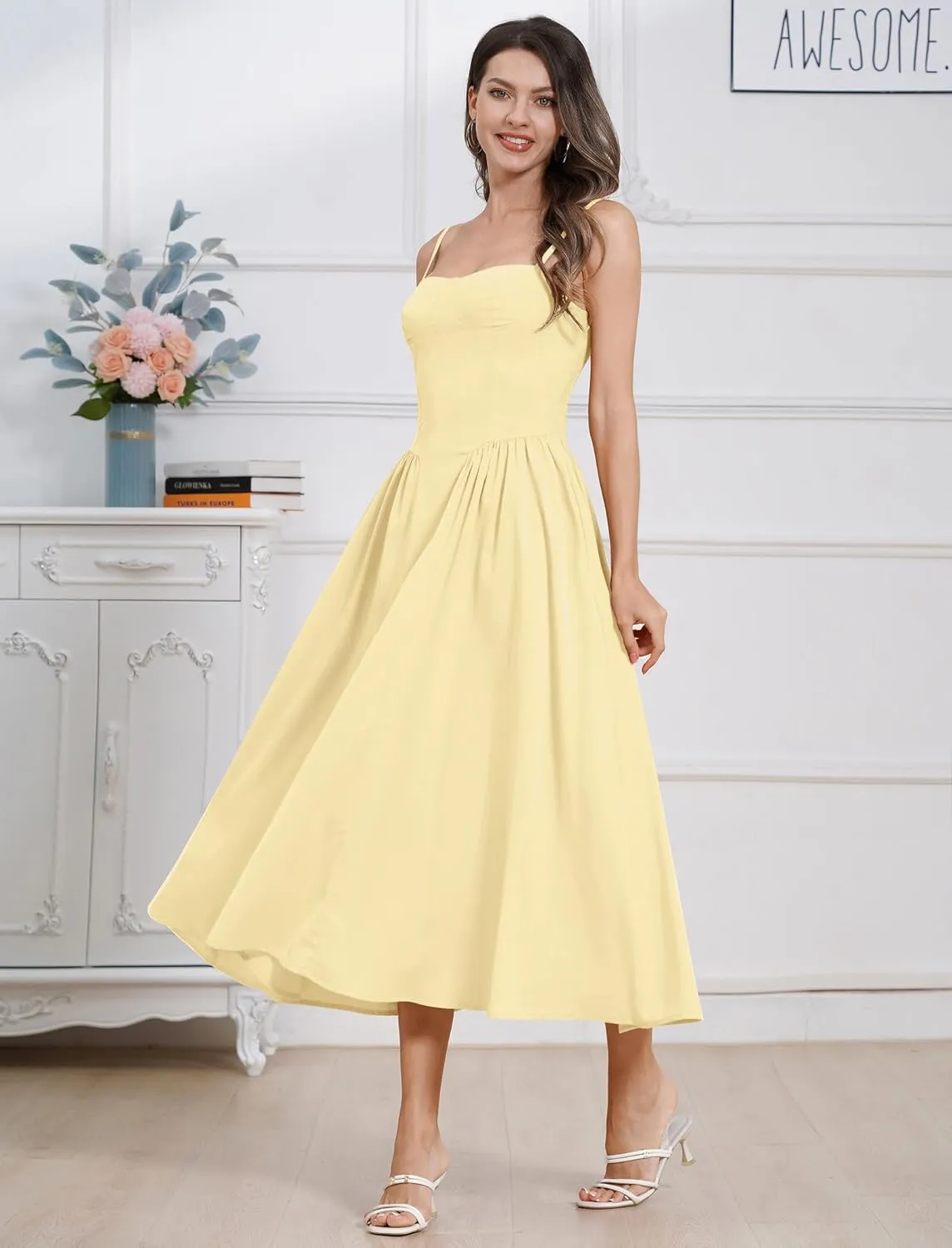Women Floral Corset Dress Boho Spaghetti Strap Lace Up Casual Midi Dresses with Pockets Low Cut Flowy Bustier Sundress