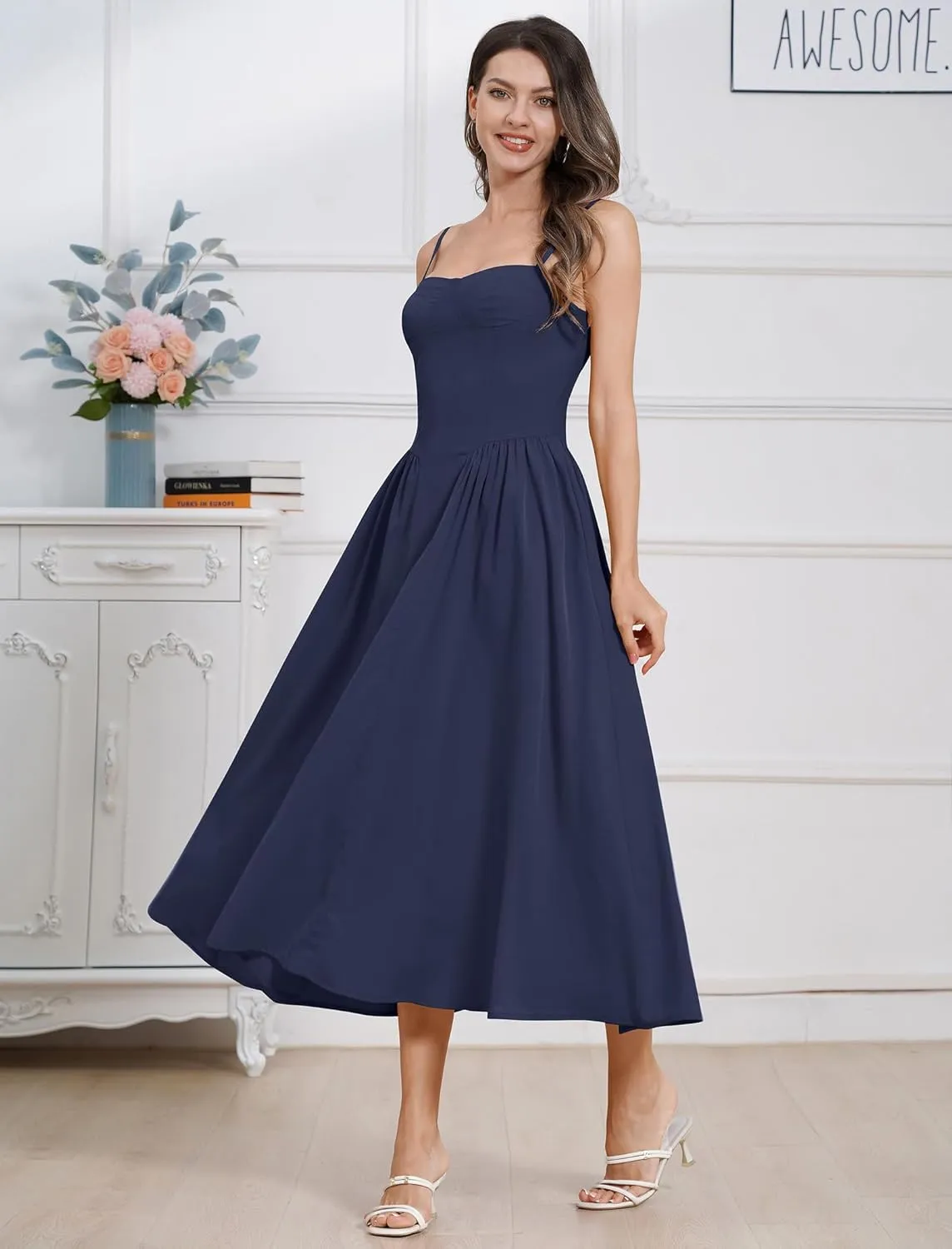 Women Floral Corset Dress Boho Spaghetti Strap Lace Up Casual Midi Dresses with Pockets Low Cut Flowy Bustier Sundress