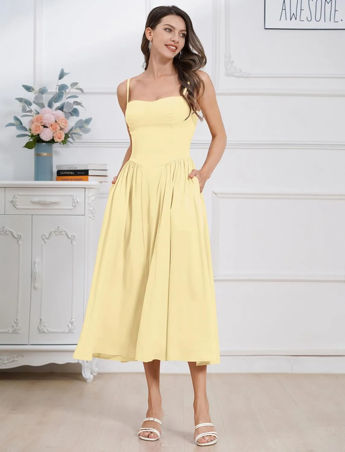 Women Floral Corset Dress Boho Spaghetti Strap Lace Up Casual Midi Dresses with Pockets Low Cut Flowy Bustier Sundress