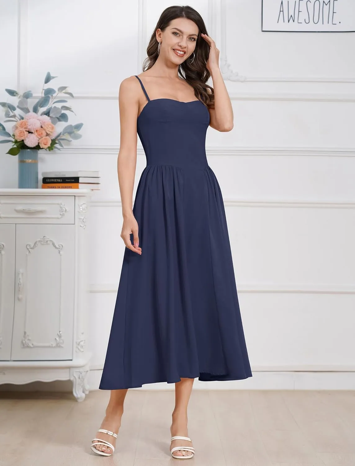 Women Floral Corset Dress Boho Spaghetti Strap Lace Up Casual Midi Dresses with Pockets Low Cut Flowy Bustier Sundress