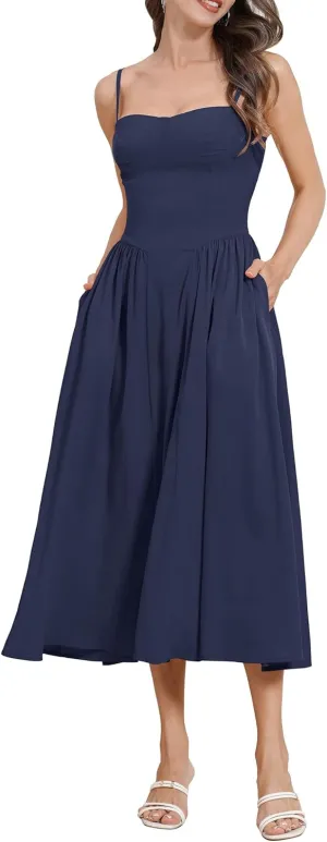 Women Floral Corset Dress Boho Spaghetti Strap Lace Up Casual Midi Dresses with Pockets Low Cut Flowy Bustier Sundress