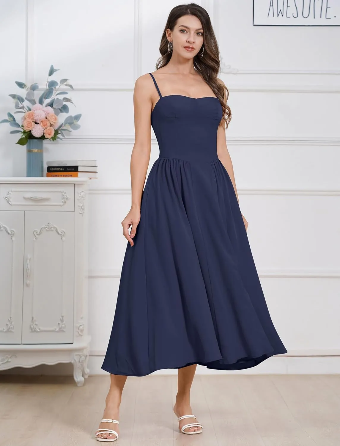 Women Floral Corset Dress Boho Spaghetti Strap Lace Up Casual Midi Dresses with Pockets Low Cut Flowy Bustier Sundress