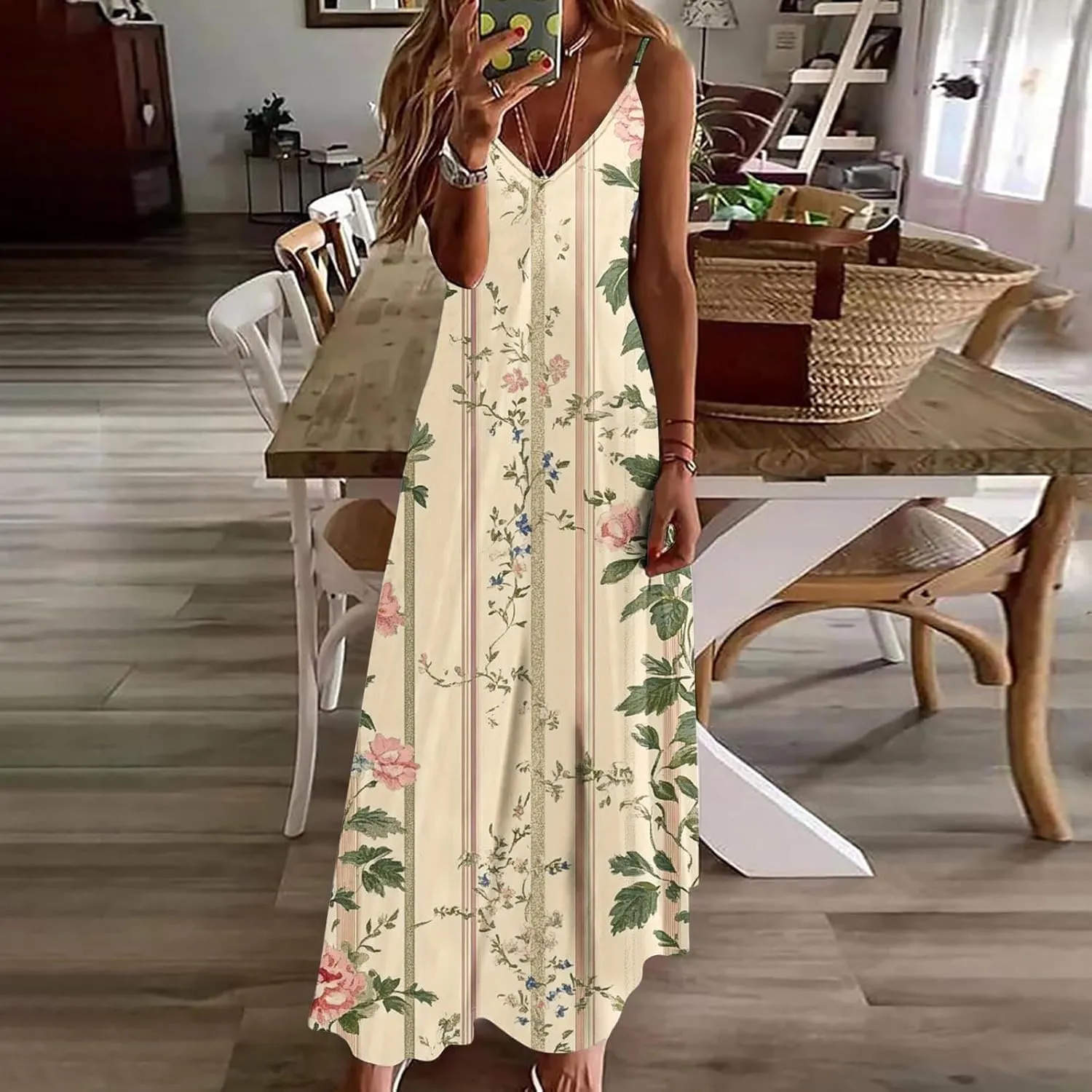 Women Floral Print Spaghetti Strap Sundress Casual Summer Long Maxi Dress V-Neck Boho Dresses Trendy Beach Clothes