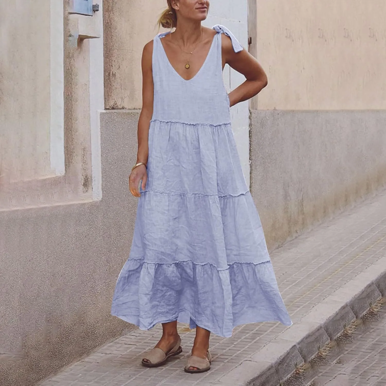 Women Linen Dress Summer Sleeveless Maxi Dresses Spaghetti Strap Flowy Dress Boho Beach Long Dresses Casual Sundress