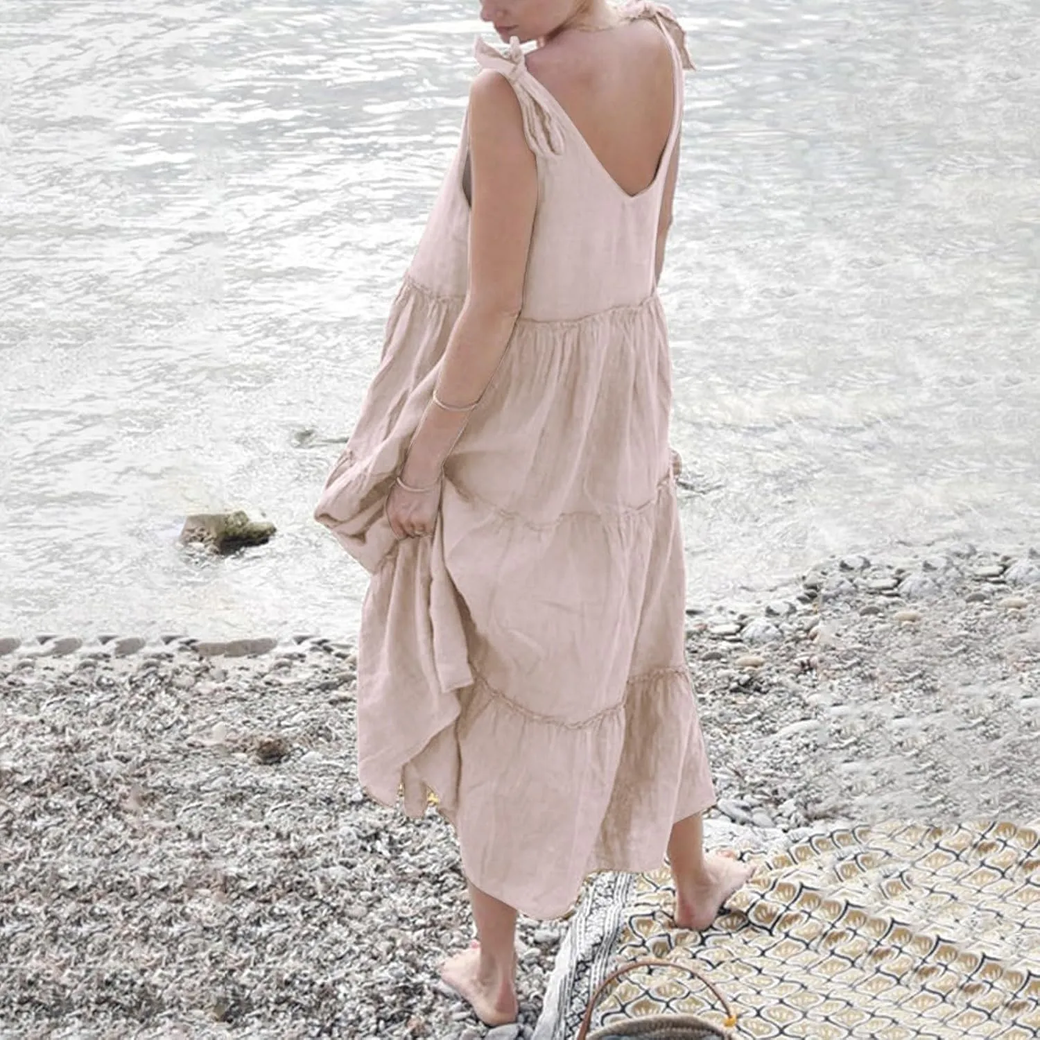Women Linen Dress Summer Sleeveless Maxi Dresses Spaghetti Strap Flowy Dress Boho Beach Long Dresses Casual Sundress