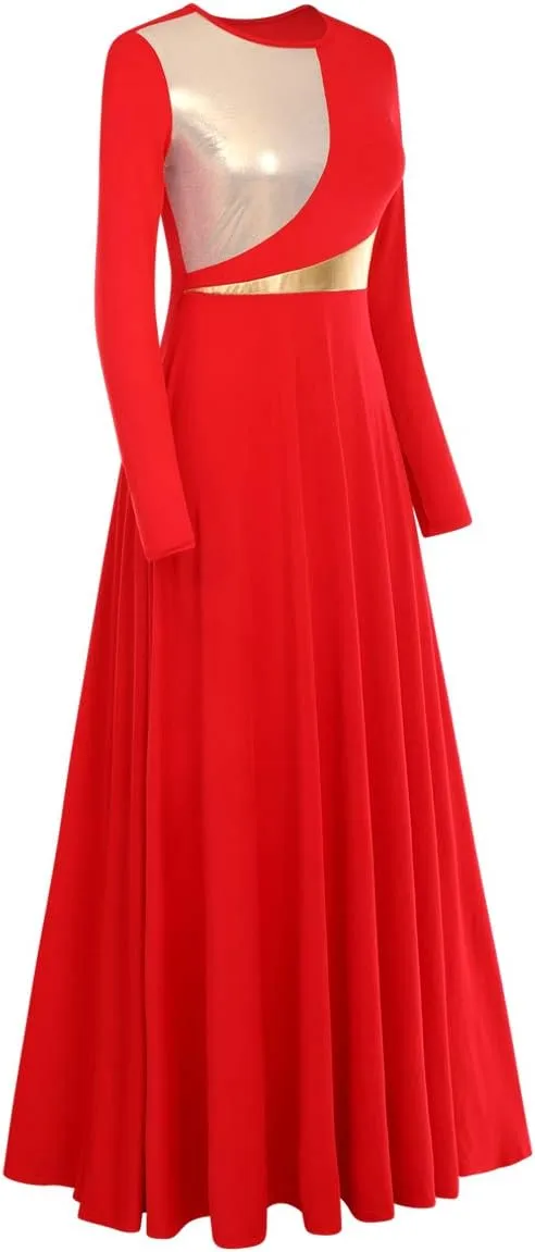 Women Metallic Bi Color Liturgical Praise Dance Dress Long Sleeve Lyrical Dancewear Church Maxi Robe Worship Costume