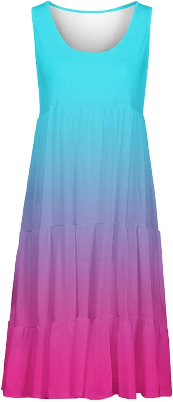 Women Plus Size Tank Dress Sleeveless Crew Neck Pleated Beach Mini Dresses Ruffle Tiered Flowy Summer Sundresses
