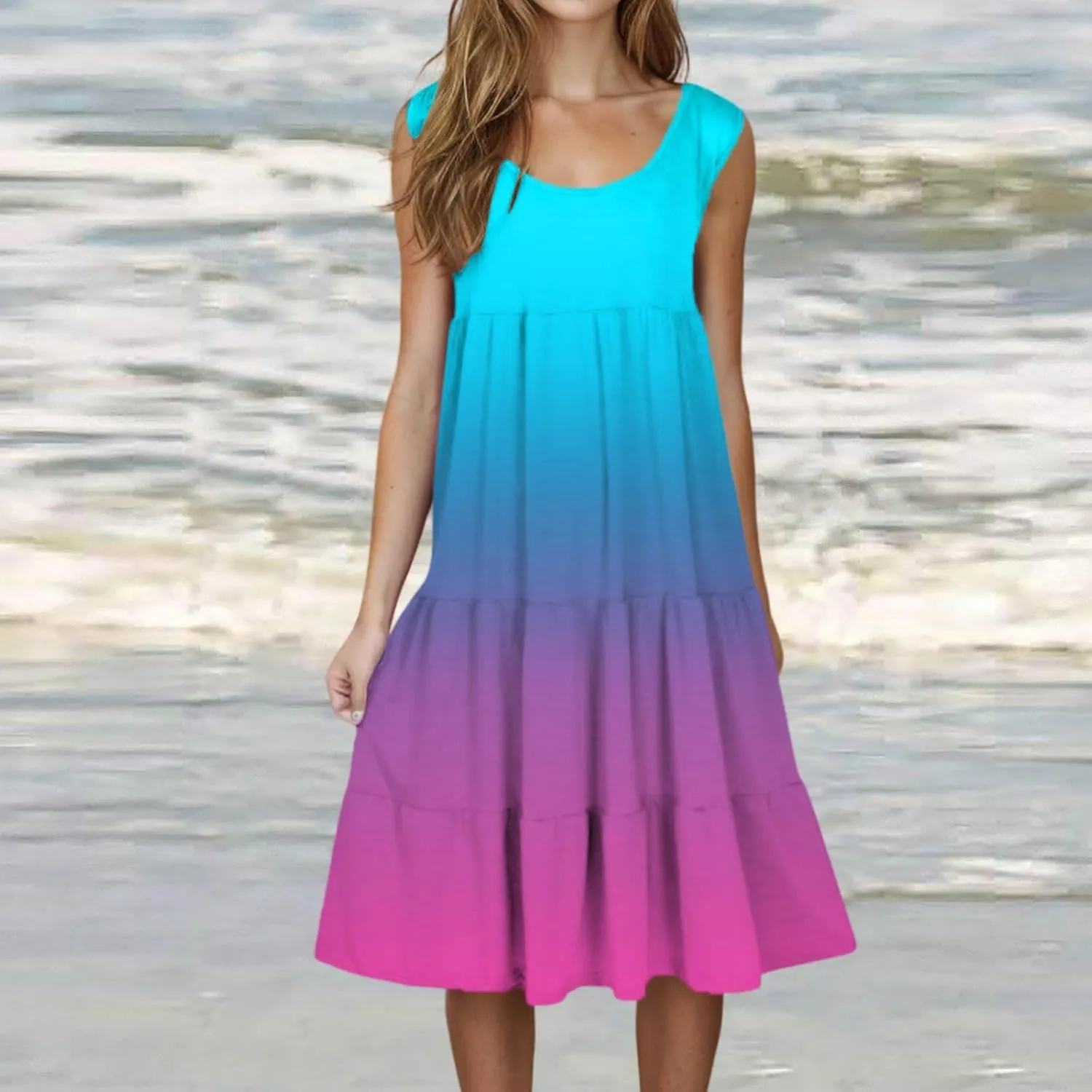 Women Plus Size Tank Dress Sleeveless Crew Neck Pleated Beach Mini Dresses Ruffle Tiered Flowy Summer Sundresses