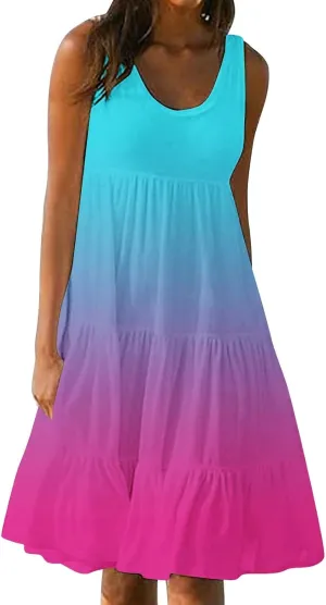 Women Plus Size Tank Dress Sleeveless Crew Neck Pleated Beach Mini Dresses Ruffle Tiered Flowy Summer Sundresses