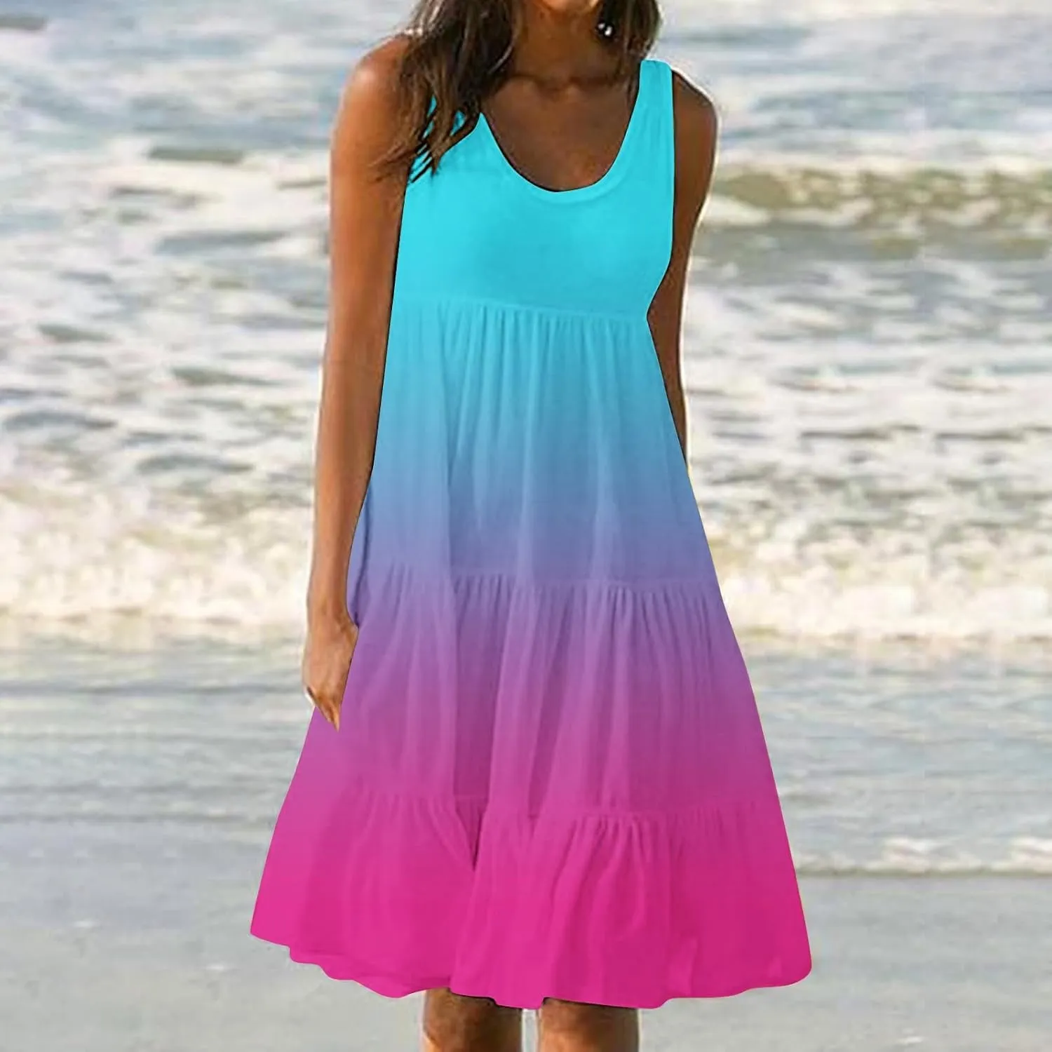 Women Plus Size Tank Dress Sleeveless Crew Neck Pleated Beach Mini Dresses Ruffle Tiered Flowy Summer Sundresses