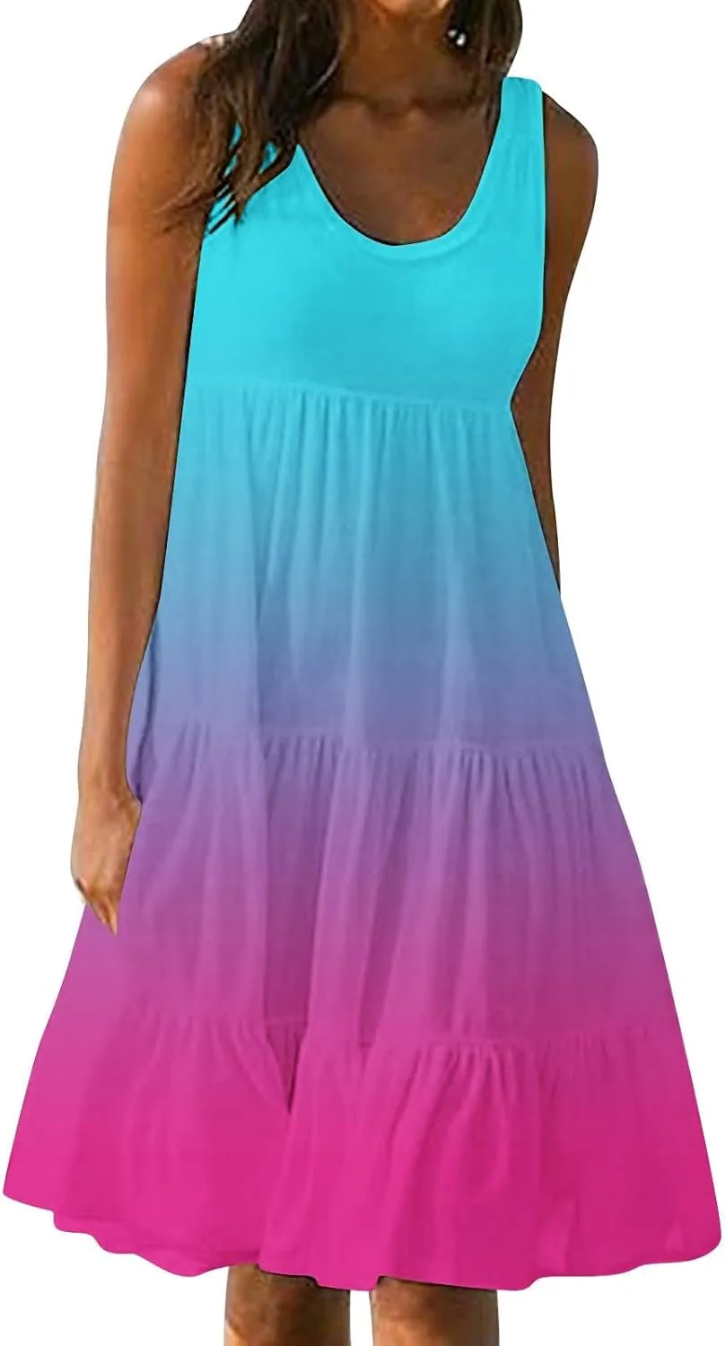 Women Plus Size Tank Dress Sleeveless Crew Neck Pleated Beach Mini Dresses Ruffle Tiered Flowy Summer Sundresses