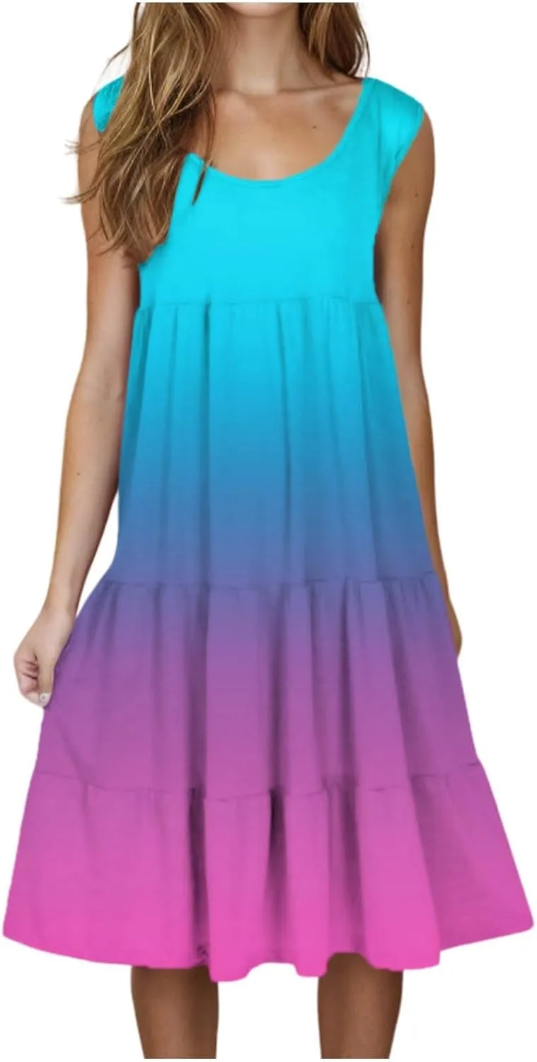 Women Plus Size Tank Dress Sleeveless Crew Neck Pleated Beach Mini Dresses Ruffle Tiered Flowy Summer Sundresses