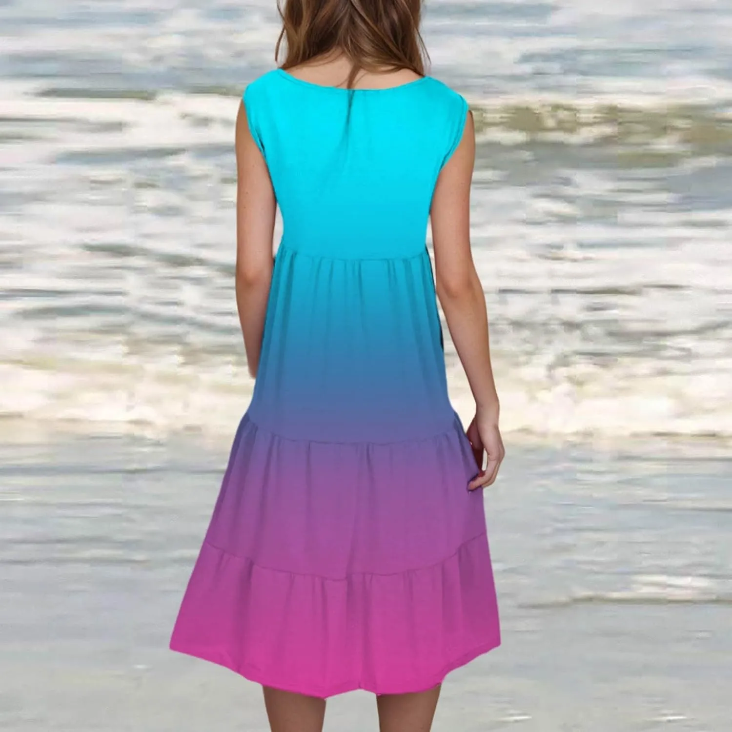 Women Plus Size Tank Dress Sleeveless Crew Neck Pleated Beach Mini Dresses Ruffle Tiered Flowy Summer Sundresses