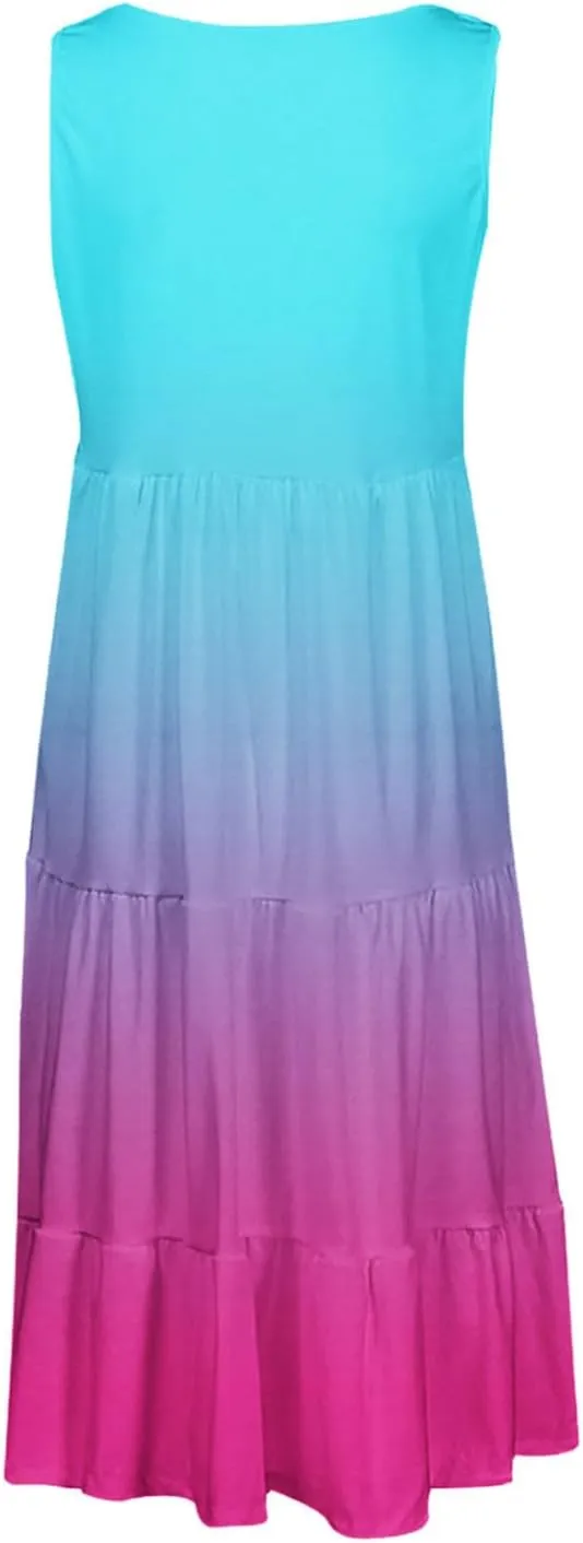 Women Plus Size Tank Dress Sleeveless Crew Neck Pleated Beach Mini Dresses Ruffle Tiered Flowy Summer Sundresses