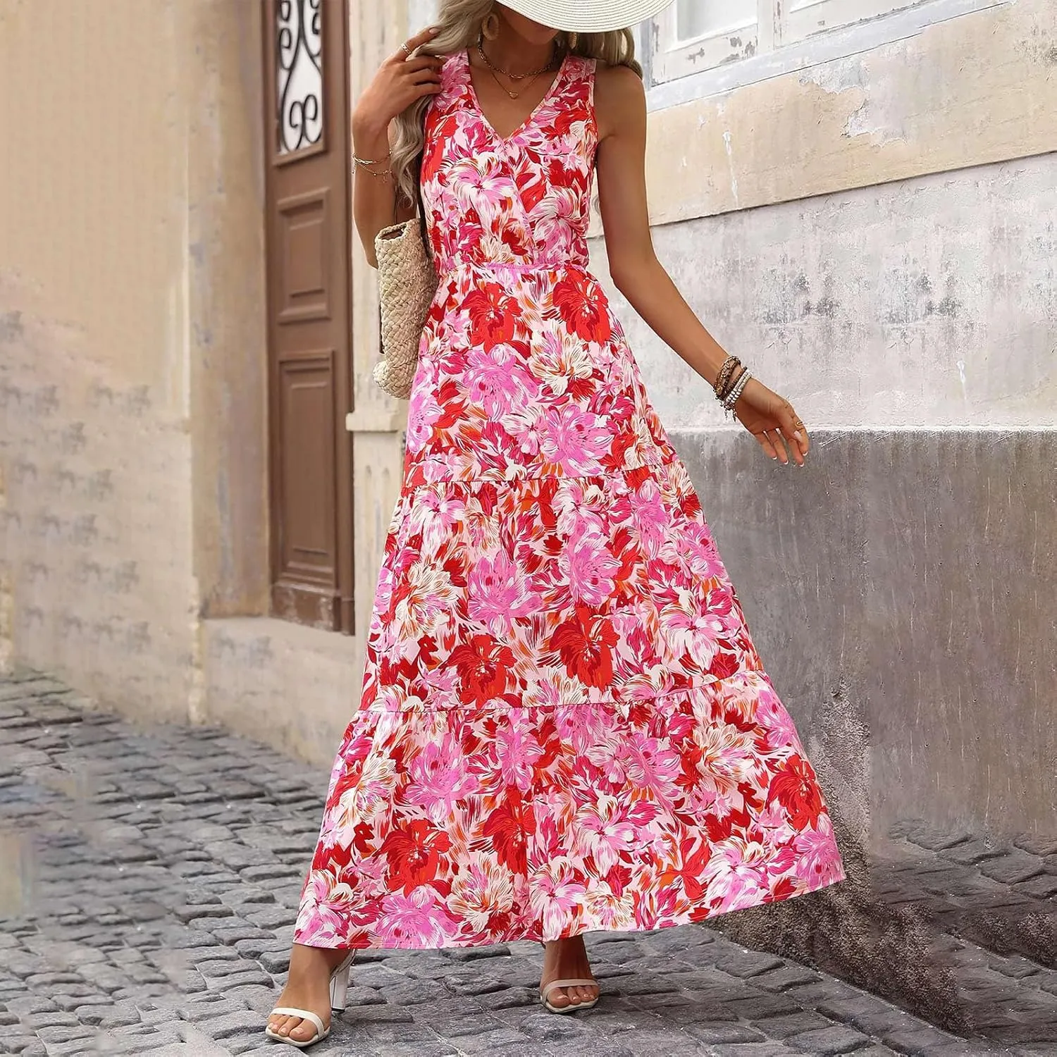 Women Summer Dresses Casual Sleeveless Maxi Dresses Cute Flowy Floral Dress Boho Long Dress Hawaiian Beach Dress