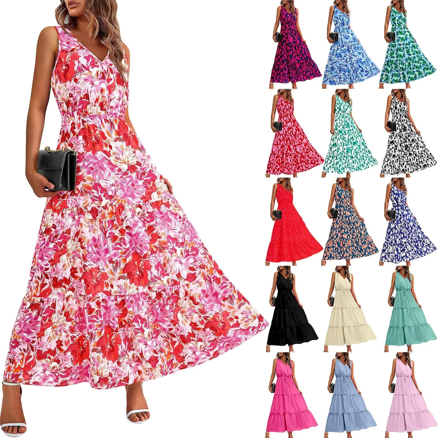 Women Summer Dresses Casual Sleeveless Maxi Dresses Cute Flowy Floral Dress Boho Long Dress Hawaiian Beach Dress