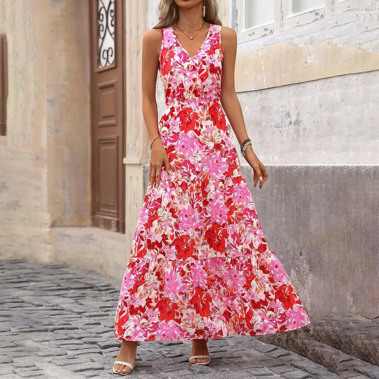 Women Summer Dresses Casual Sleeveless Maxi Dresses Cute Flowy Floral Dress Boho Long Dress Hawaiian Beach Dress