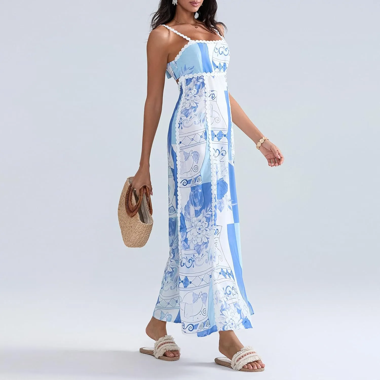 Women Summer Maxi Dress 2025 Spaghetti Strap Tie Back Floral Sundress Flowy Beach Vacation Boho Dresses