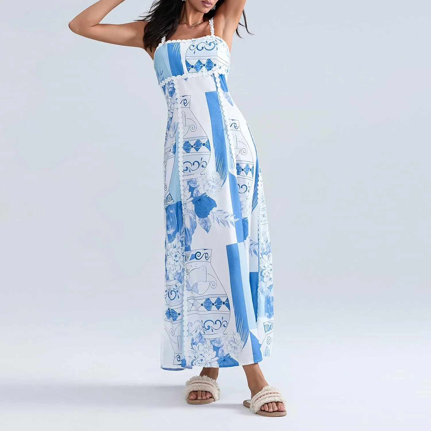 Women Summer Maxi Dress 2025 Spaghetti Strap Tie Back Floral Sundress Flowy Beach Vacation Boho Dresses