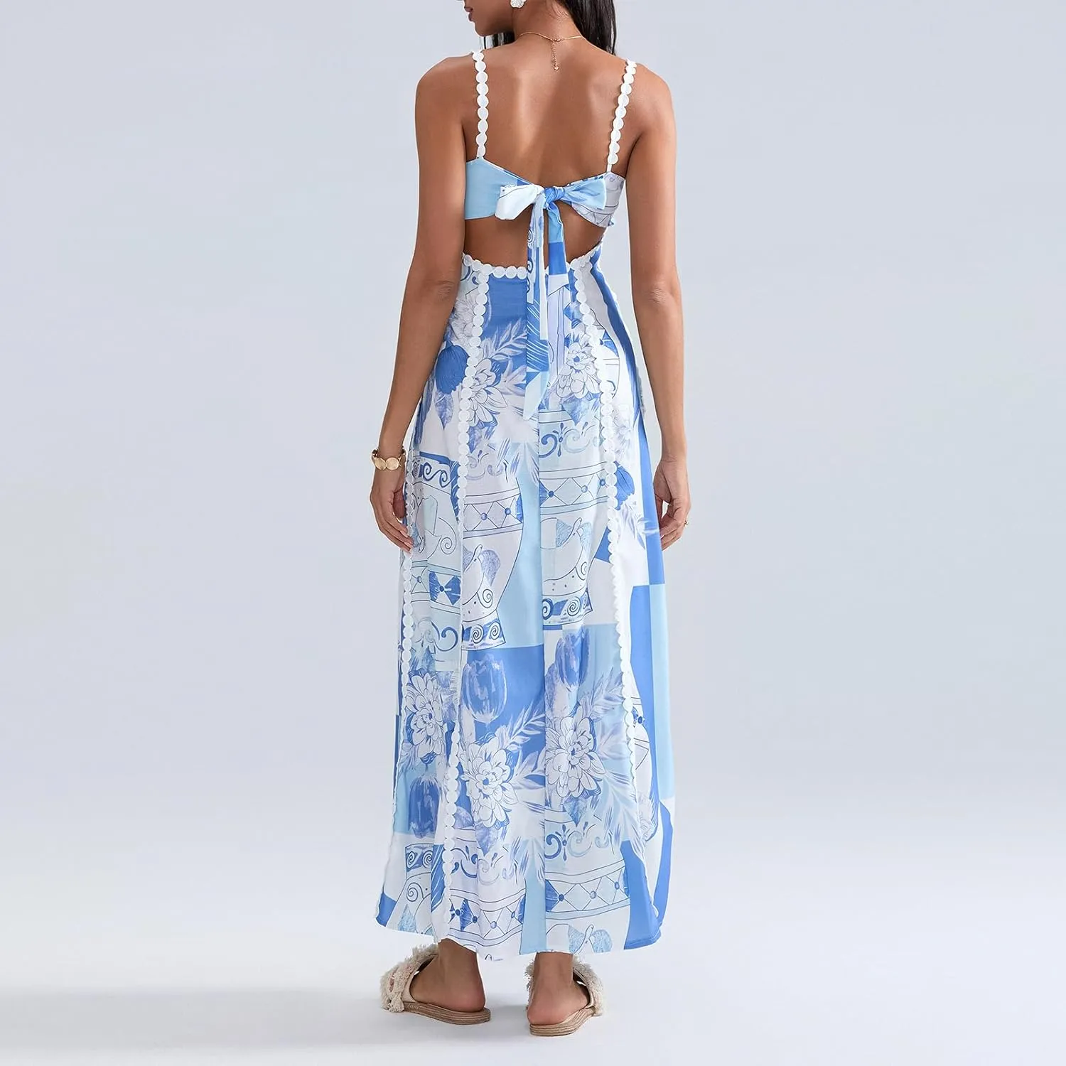 Women Summer Maxi Dress 2025 Spaghetti Strap Tie Back Floral Sundress Flowy Beach Vacation Boho Dresses