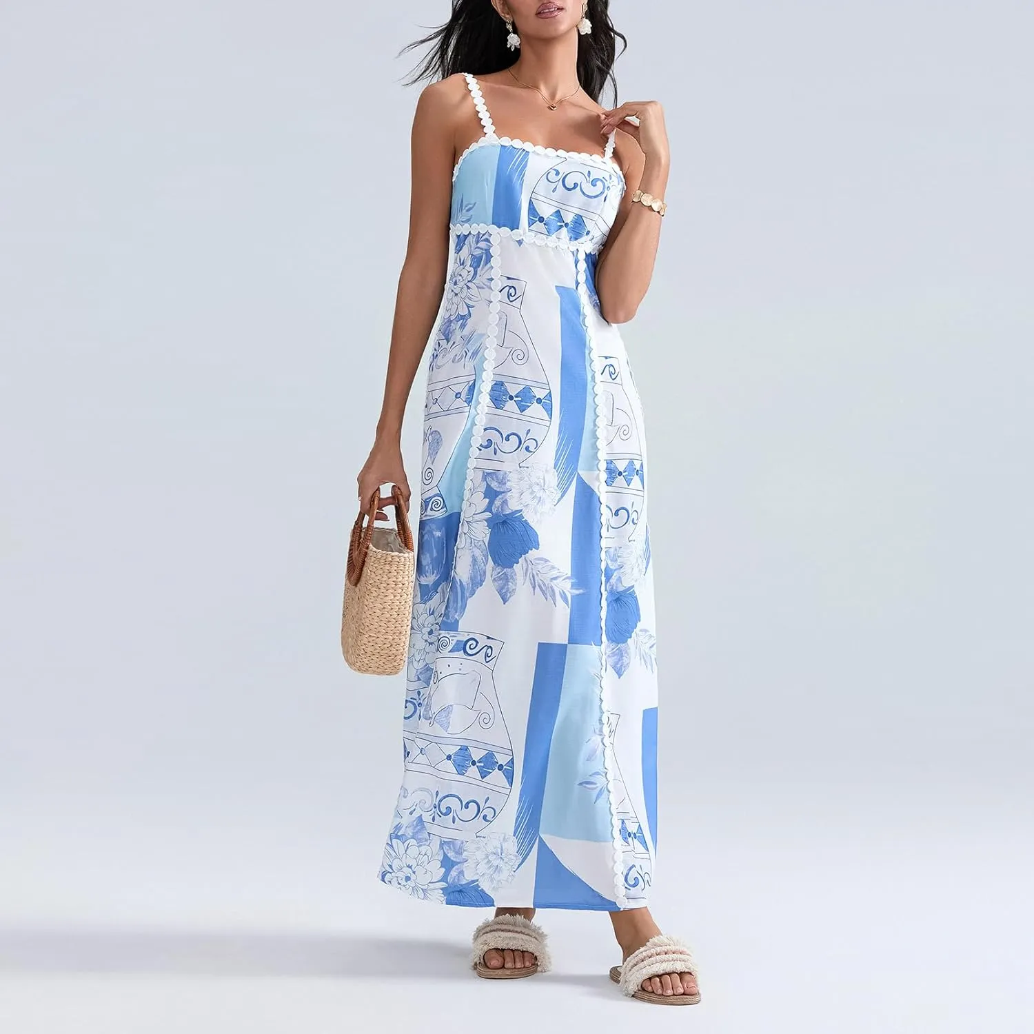 Women Summer Maxi Dress 2025 Spaghetti Strap Tie Back Floral Sundress Flowy Beach Vacation Boho Dresses