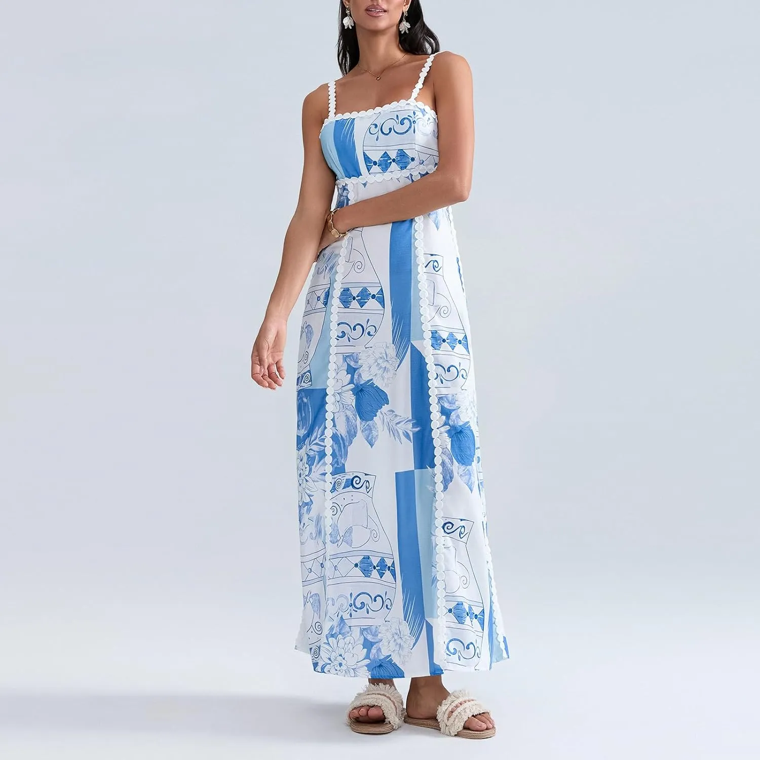 Women Summer Maxi Dress 2025 Spaghetti Strap Tie Back Floral Sundress Flowy Beach Vacation Boho Dresses