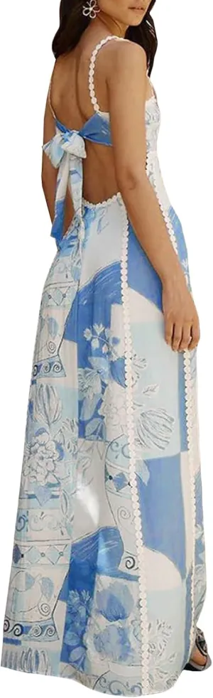 Women Summer Maxi Dress 2025 Spaghetti Strap Tie Back Floral Sundress Flowy Beach Vacation Boho Dresses