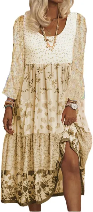 Womens 2023 Fall Long Sleeve Boho Floral Dresses Casual Loose Crewneck Plus Size Flowy Tiered Midi Dress