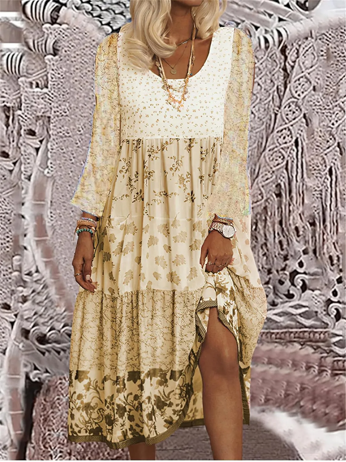 Womens 2023 Fall Long Sleeve Boho Floral Dresses Casual Loose Crewneck Plus Size Flowy Tiered Midi Dress