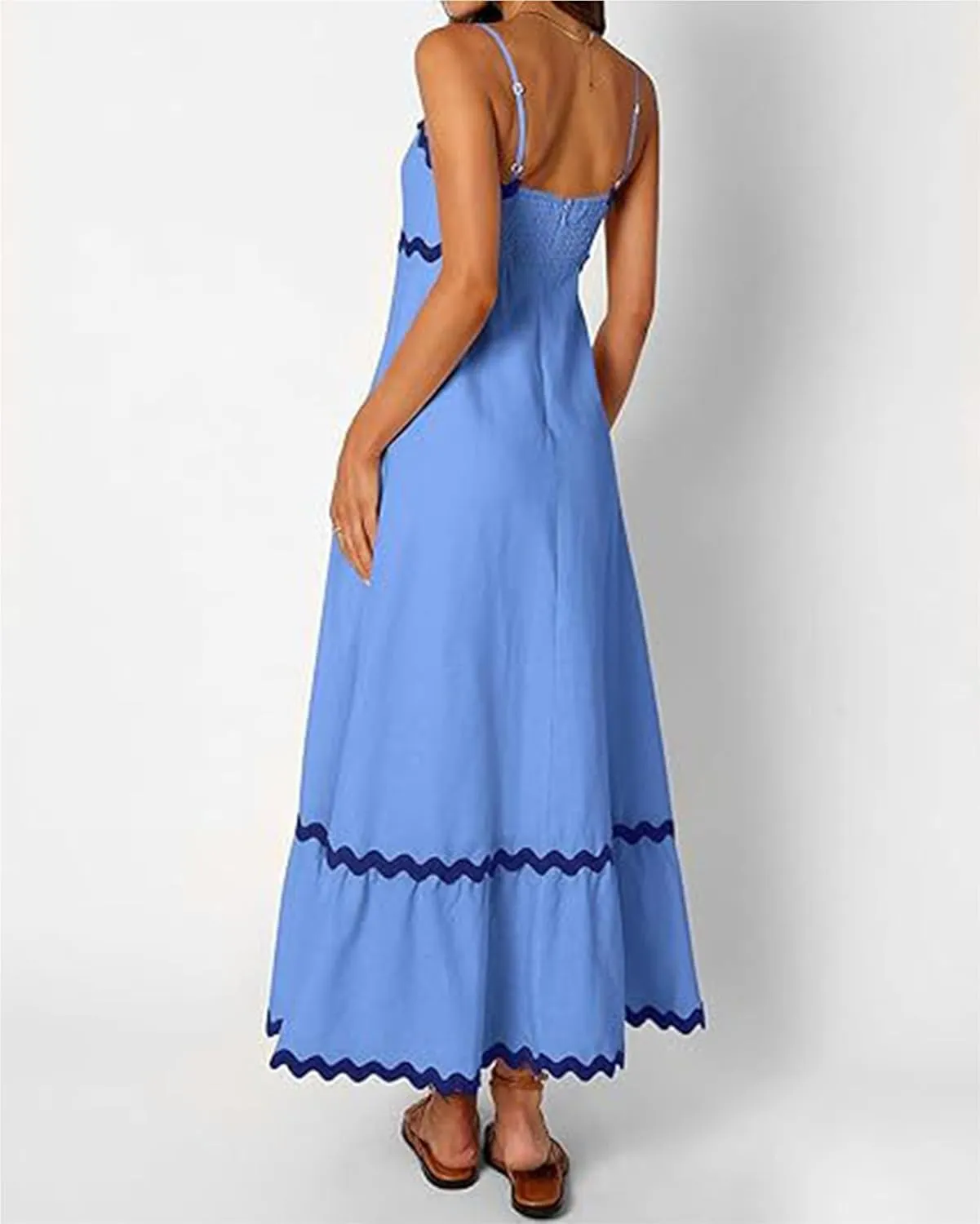 Women's 2024 Summer Spaghetti Straps Sleeveless Backless Sundress Flowy Smocked Lace Swing A Line Midi Dress