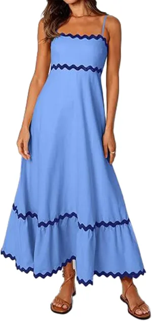 Women's 2024 Summer Spaghetti Straps Sleeveless Backless Sundress Flowy Smocked Lace Swing A Line Midi Dress