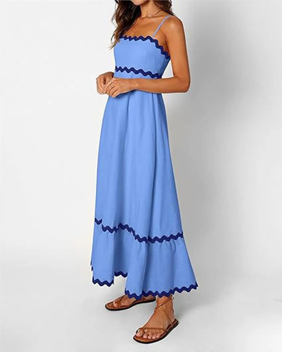 Women's 2024 Summer Spaghetti Straps Sleeveless Backless Sundress Flowy Smocked Lace Swing A Line Midi Dress
