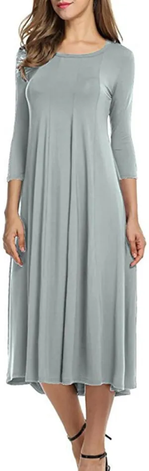Womens A-line Midi Long Dress Trendy 3/4 Sleeve Plus Size Casual Spring Fall Dresses Crew Neck Shirt Long Tunic Dress