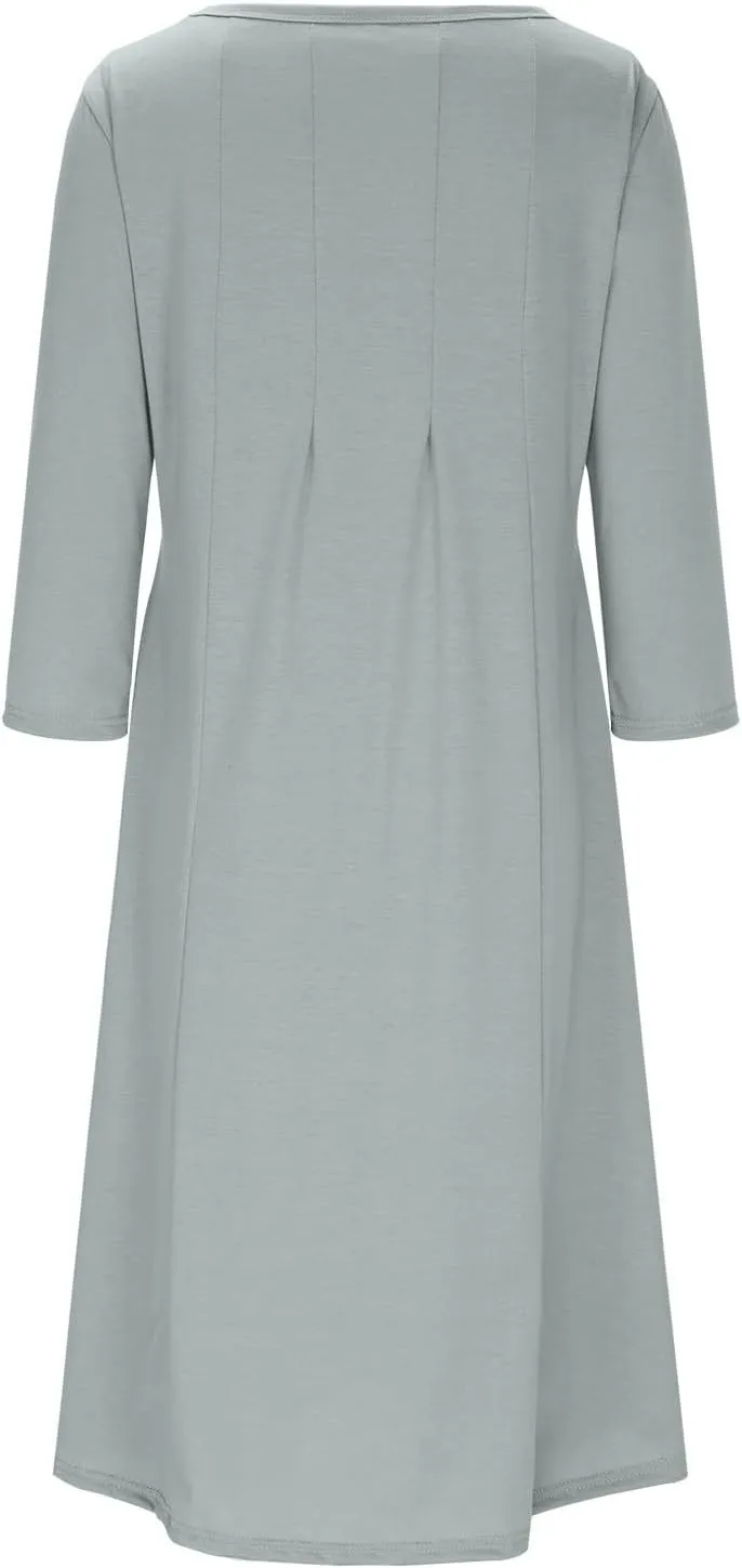 Womens A-line Midi Long Dress Trendy 3/4 Sleeve Plus Size Casual Spring Fall Dresses Crew Neck Shirt Long Tunic Dress