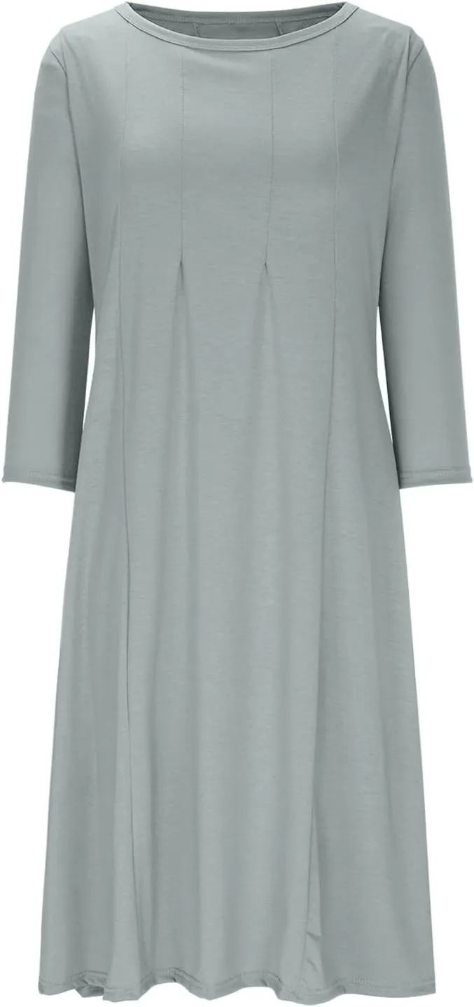 Womens A-line Midi Long Dress Trendy 3/4 Sleeve Plus Size Casual Spring Fall Dresses Crew Neck Shirt Long Tunic Dress