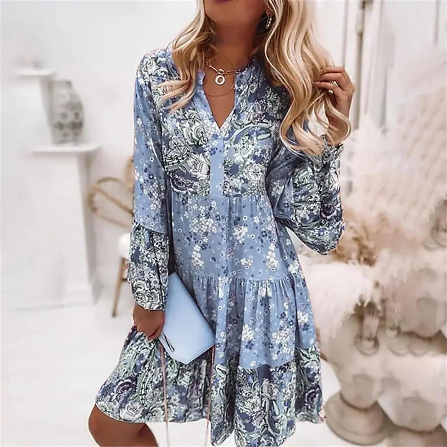 Womens Boho Floral Print Flare Sleeve Ruffle Hem Tiered Mini Dress V Neck Long Sleeve Summer Short Dresses