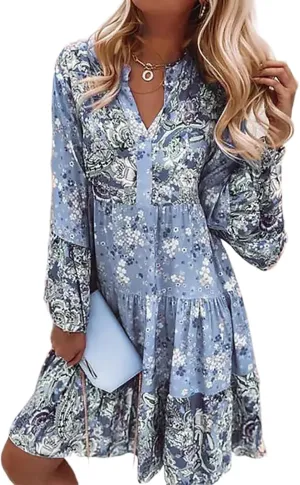 Womens Boho Floral Print Flare Sleeve Ruffle Hem Tiered Mini Dress V Neck Long Sleeve Summer Short Dresses