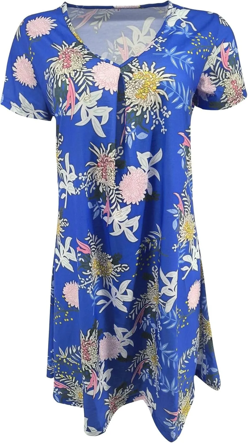 Womens Boho Floral Printed Dresses Summer Casual Short Sleeve V Neck Loose Fit Mini Dress Going Out Beach Wear