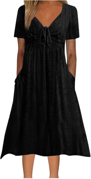 Womens Boho Midi Dress Short Sleeve Lace Up V Neck Eyelet Dresses Summer Beach Casual Cover Up Sundress with Pockets