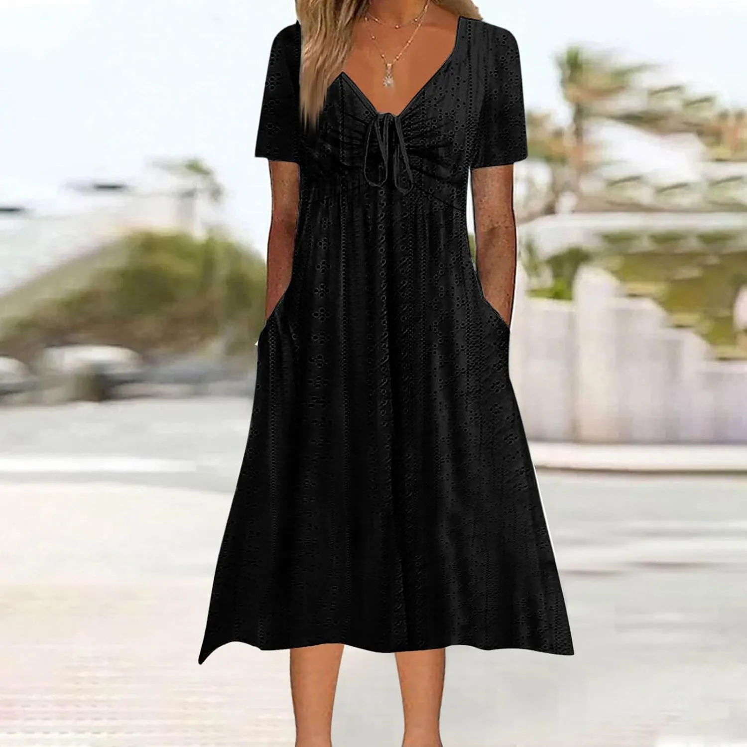 Womens Boho Midi Dress Short Sleeve Lace Up V Neck Eyelet Dresses Summer Beach Casual Cover Up Sundress with Pockets