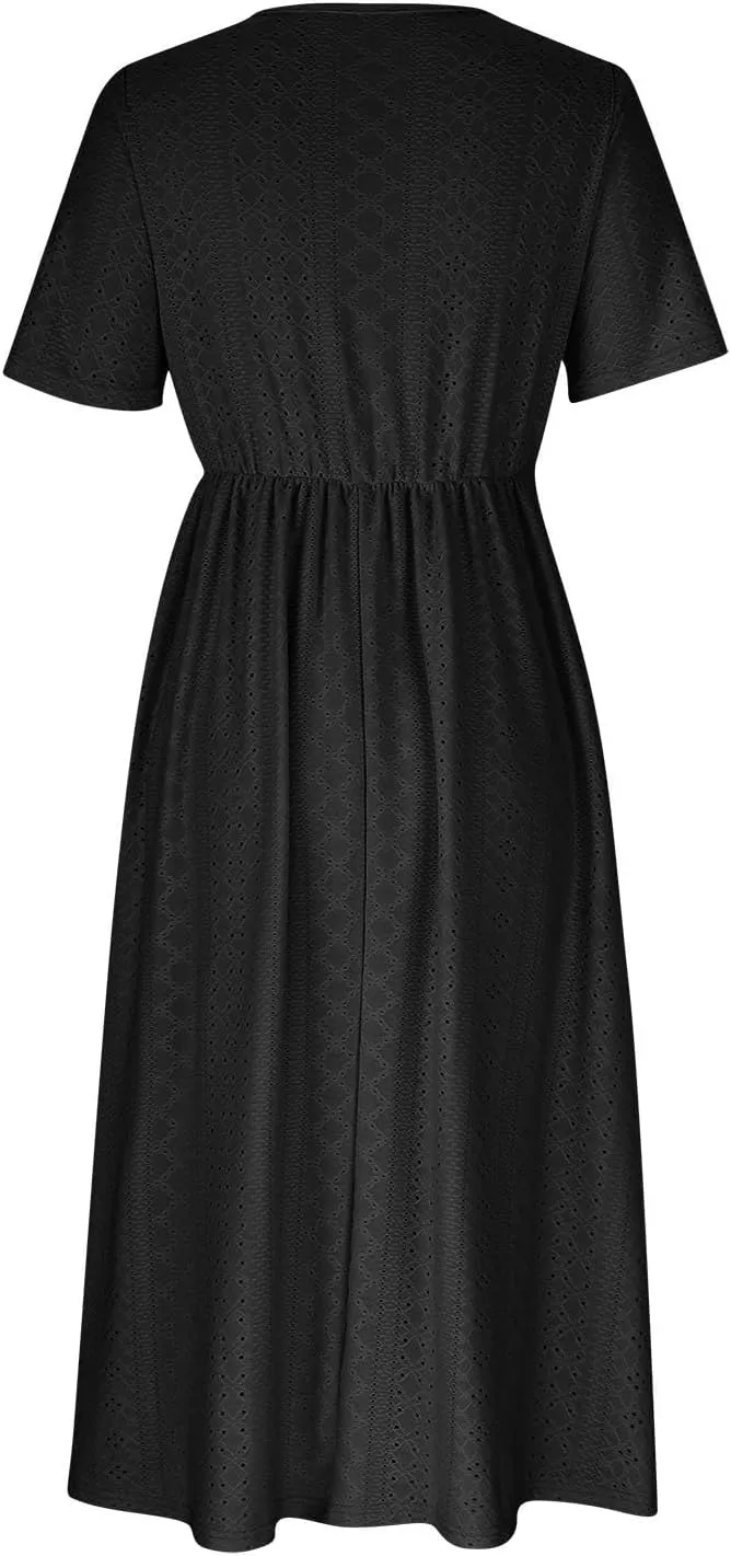 Womens Boho Midi Dress Short Sleeve Lace Up V Neck Eyelet Dresses Summer Beach Casual Cover Up Sundress with Pockets