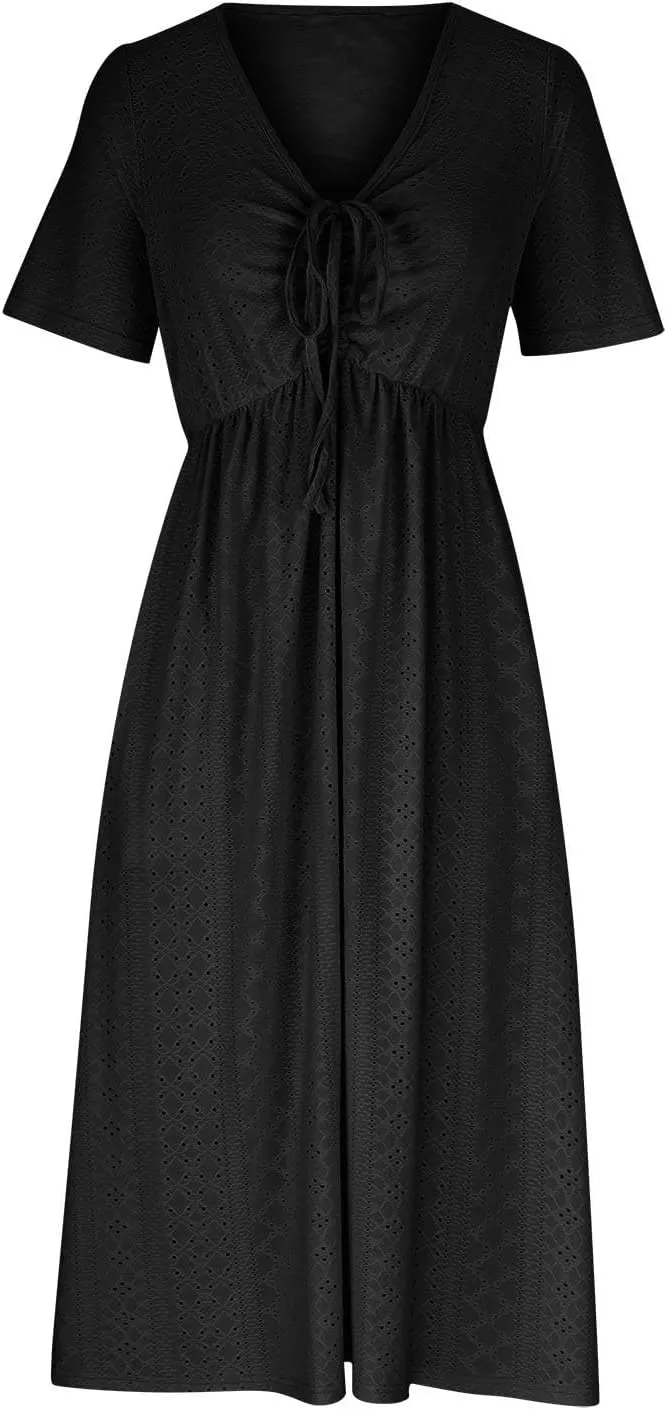 Womens Boho Midi Dress Short Sleeve Lace Up V Neck Eyelet Dresses Summer Beach Casual Cover Up Sundress with Pockets